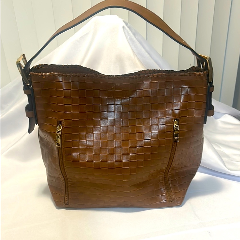 Brown Woven Leather Shoulder Bag Hobo Style